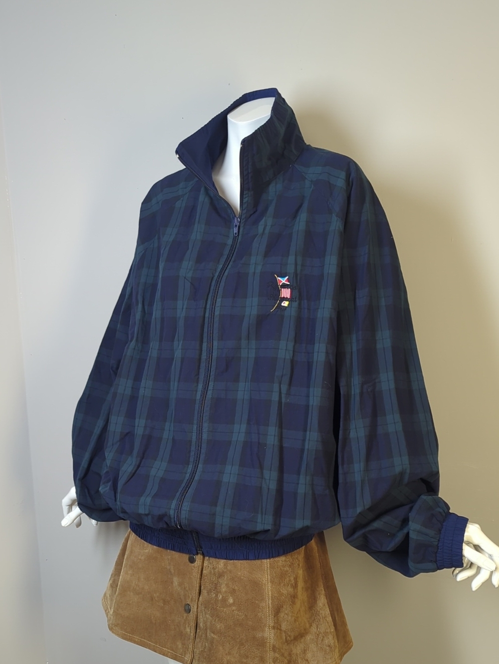 Vintage Navy & Green Plaid Windbreaker Jacket Bomber Golf Size Large